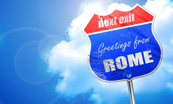 Χαιρετισμούς από τη Ρώμη, 3d rendering, μπλε σημάδι δρόμο — Φωτογραφία Αρχείου