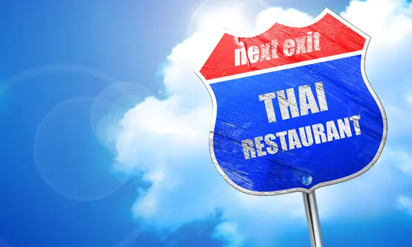 Köstliche thailändische Küche, 3D-Rendering, blaues Straßenschild — Stockfoto