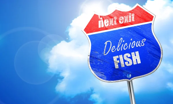 Delicioso letrero de pescado, representación 3D, letrero de calle azul — Foto de Stock