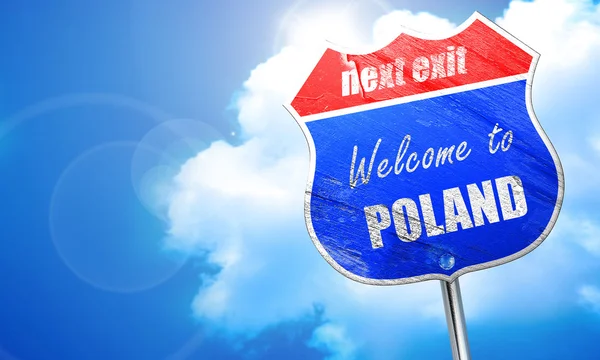 Witamy w Polsce, renderowaniu 3D, niebieskim znaku ulicznym — Zdjęcie stockowe