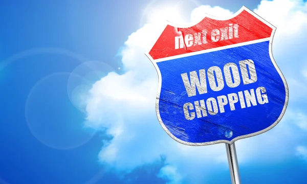 Wood chopping sign background, 3D rendering, blue street sign — Stock fotografie