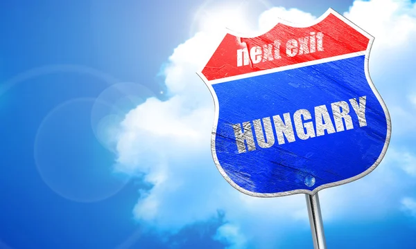 Hälsningar från Ungern, 3D-rendering, blå gatuskylt — Stockfoto