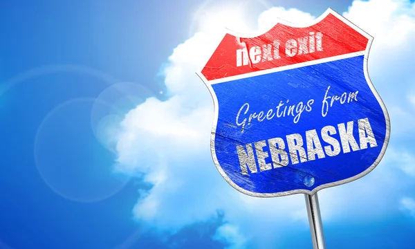 Saluti da nebraska, rendering 3D, cartello stradale blu — Foto Stock