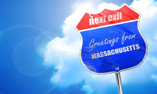 Groeten van masschusetts, 3D rendering, blauwe straatnaambord — Stockfoto