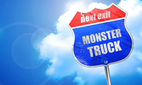 Τέρας φορτηγό συνδεθείτε φόντο, 3d rendering, μπλε σημάδι δρόμο — Φωτογραφία Αρχείου