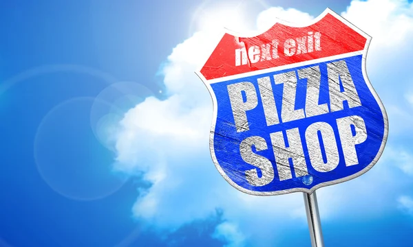 Pizza sklep, renderowania 3d, niebieski znak ulicy — Zdjęcie stockowe