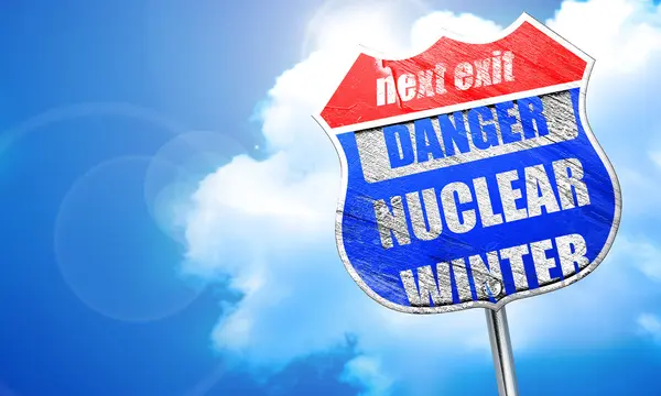 Nuclear fara bakgrund, 3d-rendering, blå vägskylt — Stockfoto