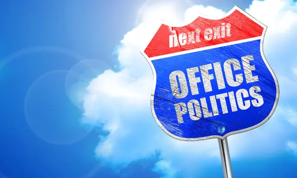 Ufficio politica, rendering 3D, cartello stradale blu — Foto Stock