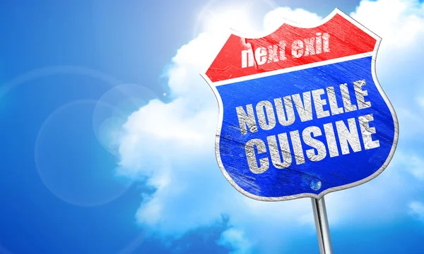 Cocina nouvelle, representación 3D, letrero de calle azul —  Fotos de Stock