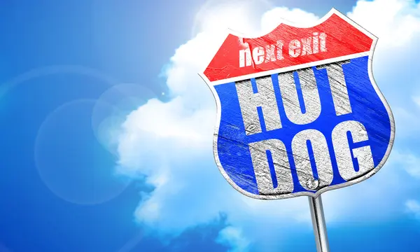 Hot dog, representación 3D, letrero de calle azul — Foto de Stock
