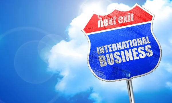 Negocios internacionales, representación 3D, letrero de calle azul — Foto de Stock