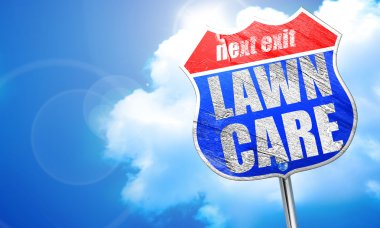 çim bakımı, 3d render, mavi sokak tabelası