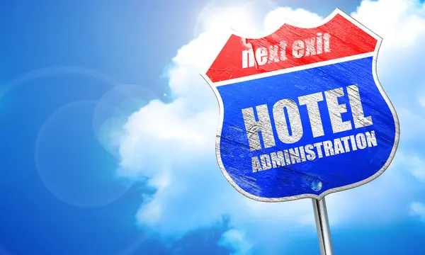 Administración del hotel, representación 3D, letrero de calle azul — Foto de Stock