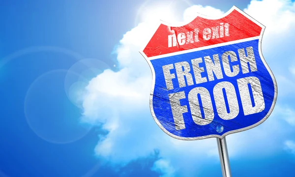 Comida francesa, renderização 3D, sinal de rua azul — Fotografia de Stock