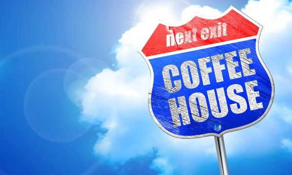 Koffiehuis, 3D-rendering, blue straatnaambord — Stockfoto