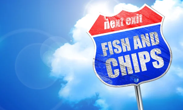 Pescado y patatas fritas, representación 3D, letrero de calle azul — Foto de Stock