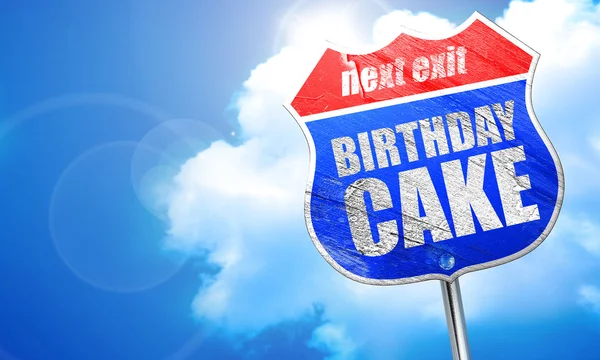 Birthday cake, 3D rendering, blue street sign — Stock Photo, Image