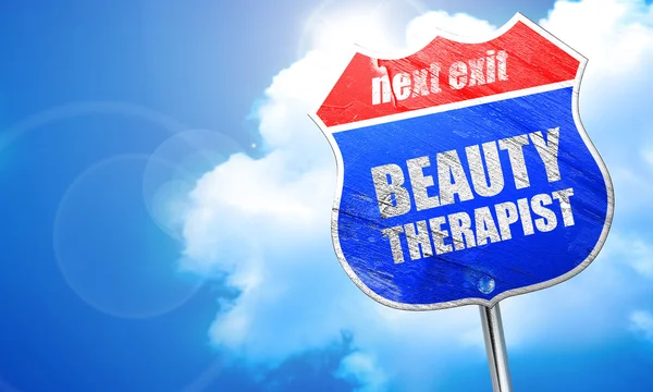 Terapeuta de beleza, renderização 3D, sinal de rua azul — Fotografia de Stock