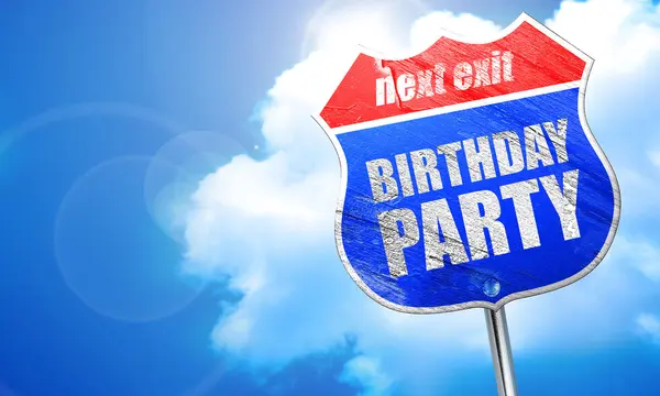Birthday party, 3D rendering, blue street sign — Stock Photo, Image