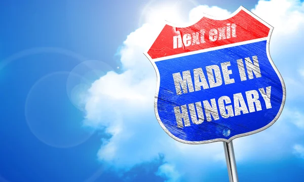 Gemaakt in Hongarije, 3D-rendering, blauwe straatnaambord — Stockfoto