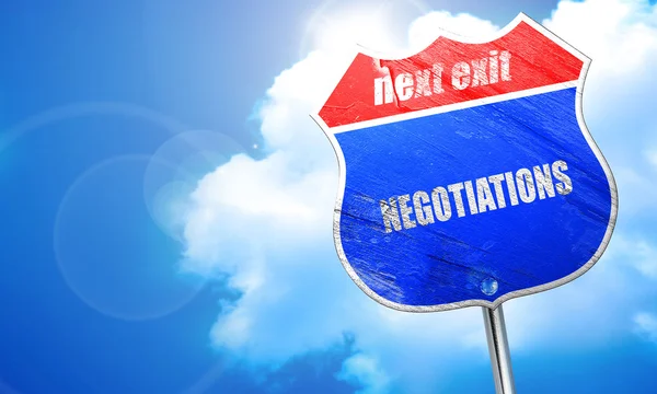 Negociaciones, representación 3D, letrero de calle azul — Foto de Stock