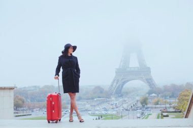 Eiffel Tower yakınındaki bagajlı Umman
