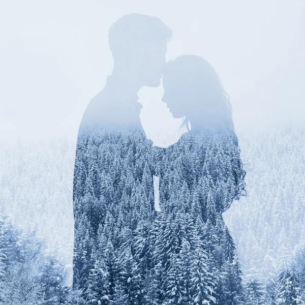 Silhouette des Paares auf Waldhintergrund, — Stockfoto