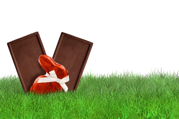 Chocolade op gras op witte achtergrond — Stockfoto