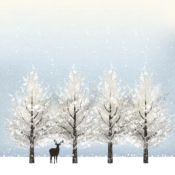 Holiday background with snowy trees and reindeer — Stock Vector