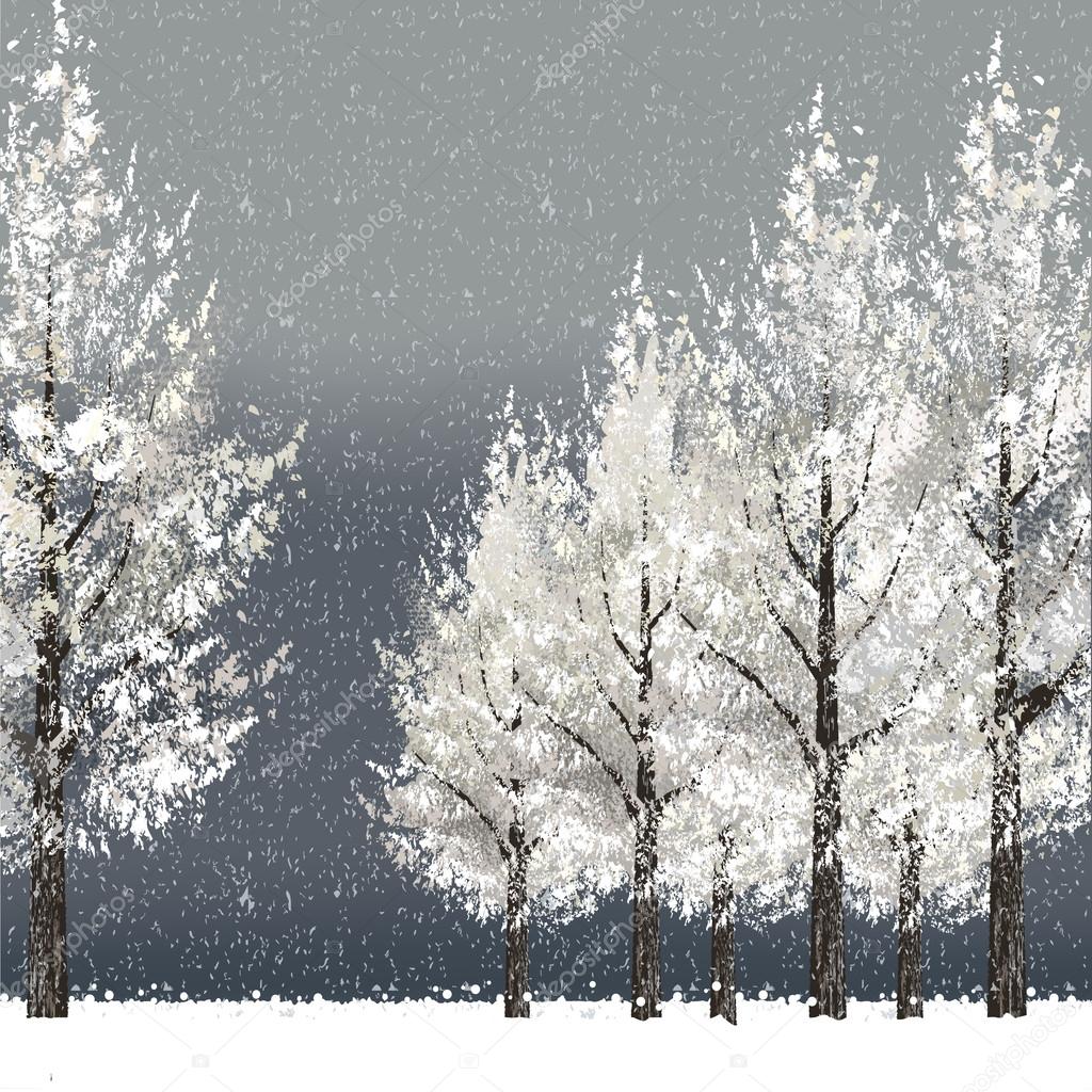 Winter night background with snowy trees