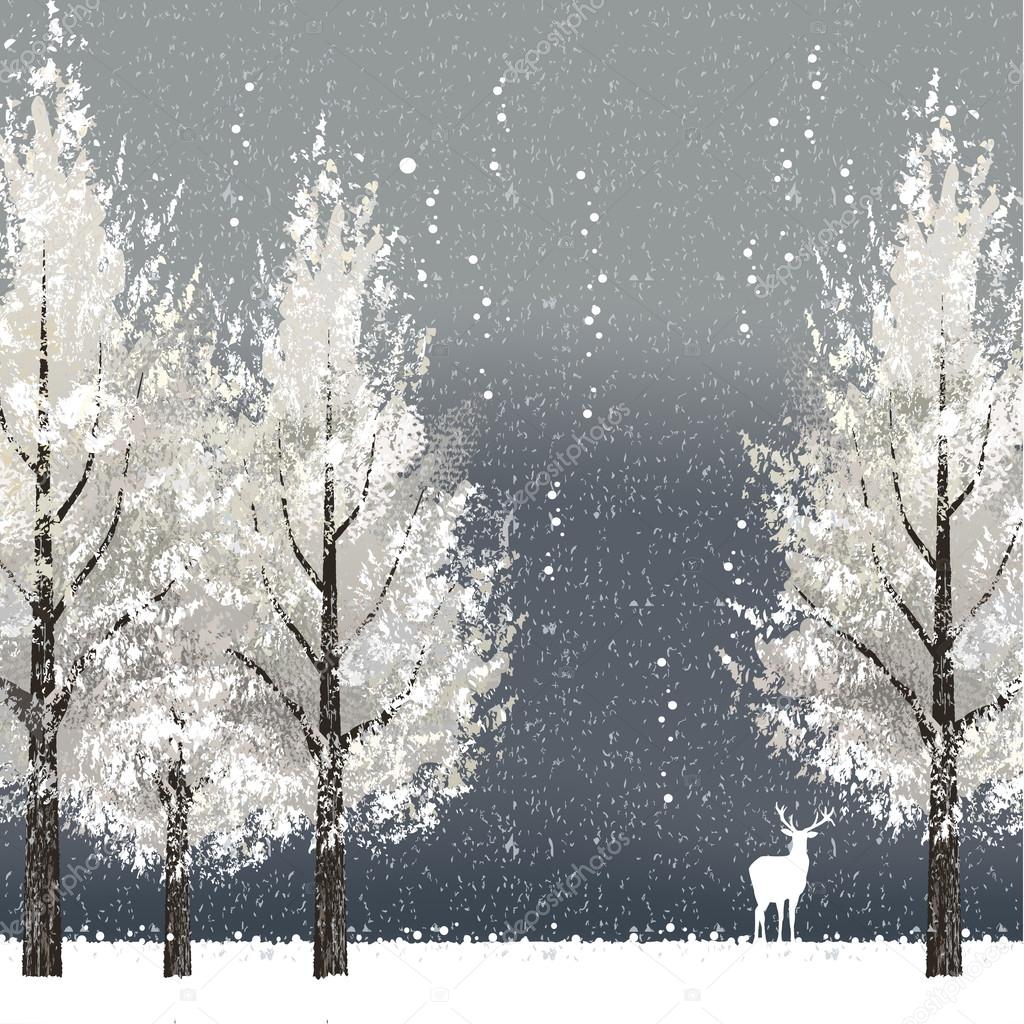 Winter background at night with white trees and reindeer