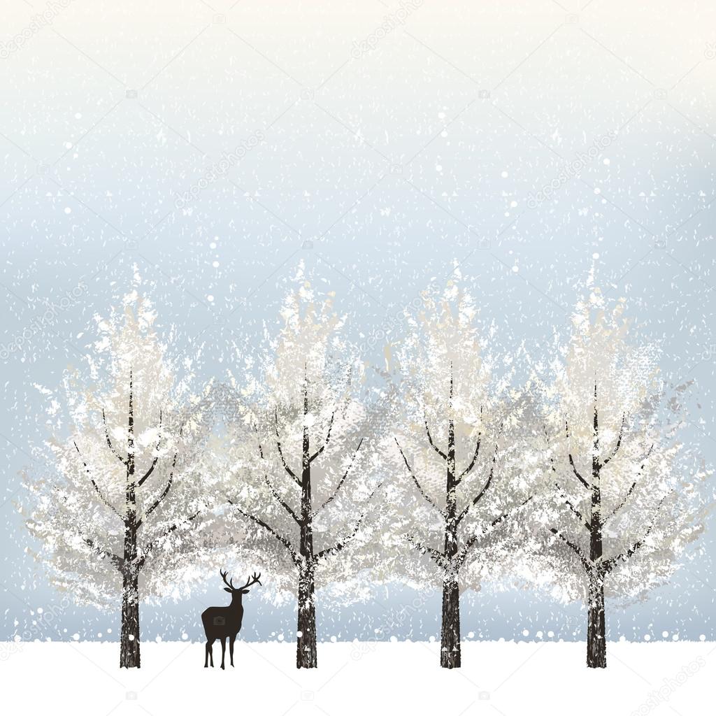 Holiday background with snowy trees and reindeer