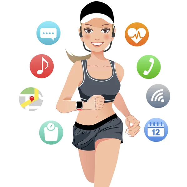 Santé sport jeune femme courir avec dispositif de montre intelligente — Image vectorielle