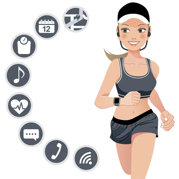 Mujer deportiva saludable con dispositivo de reloj inteligente — Vector de stock