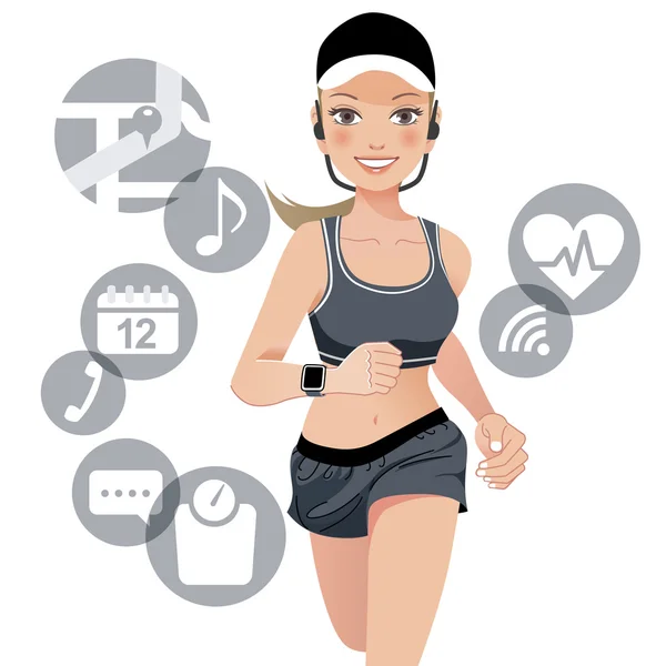 デバイスのスマートな腕時計と健康スポーツの女性 — ストックベクタ