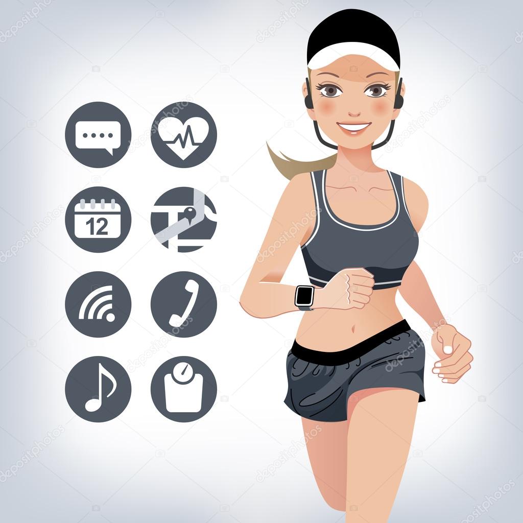 Health sport young woman running with smart watch device