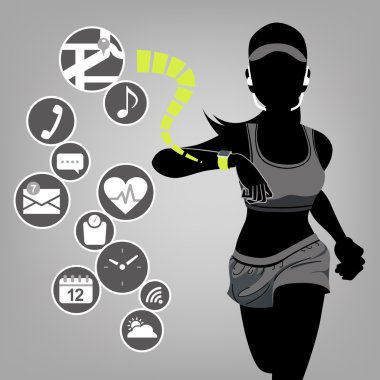 Akıllı izle concept - fitness kadın ve simgeler