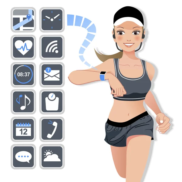 Concept de montre intelligente - femme sportive et icônes — Image vectorielle