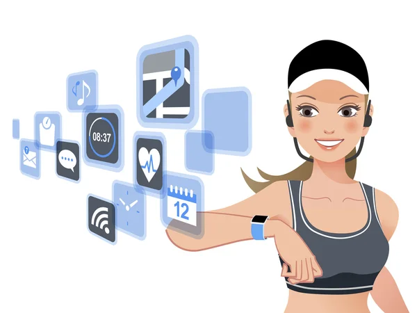 Mujer fitness y dispositivo de reloj inteligente — Vector de stock