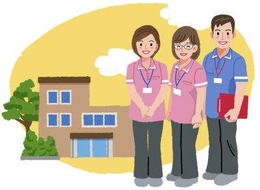 Smiling caregivers in pink uniform and nursing house clipart
