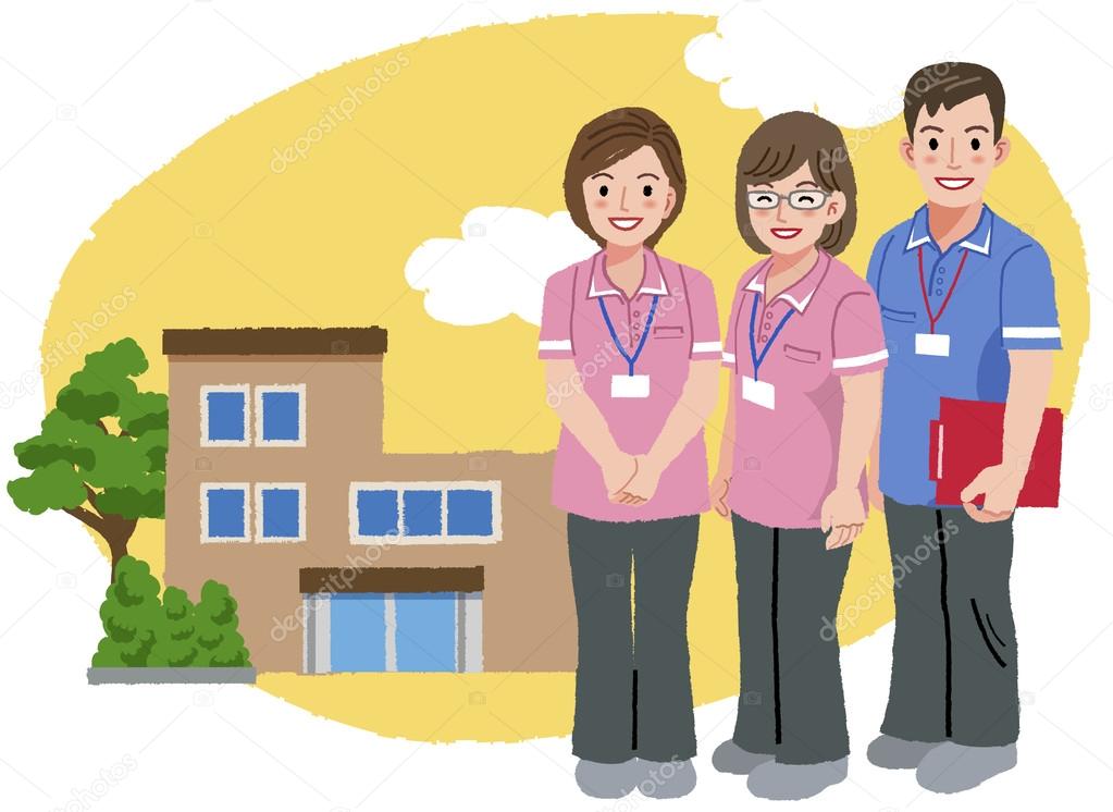 Smiling caregivers in pink uniform and nursing house