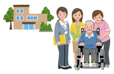 Onun kızı bakıcılar ile tekerlekli sandalyede gülümseyen kıdemli adam