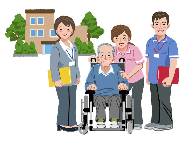 Glada äldre person i rullstol med hans omvårdnad vårdgivare — Stock vektor