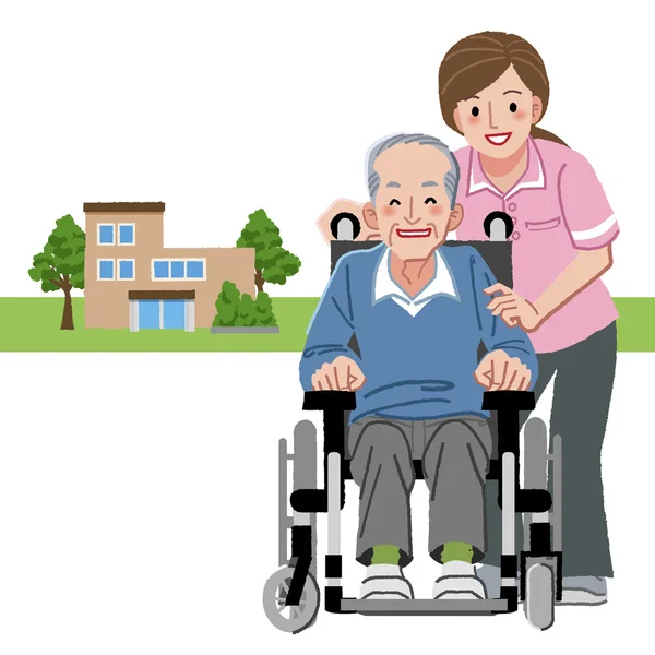 Ritratti di uomo anziano sorridente in sedia a rotelle e caregiver — Vettoriale Stock