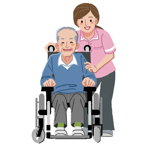 Portrety szczęśliwy starszy człowiek w wózku i jego pielęgniarka — Wektor stockowy