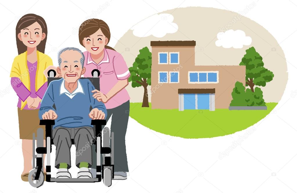 Happy elderly man in wheelchair with his family and nurse