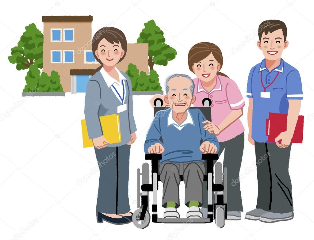 Cheerful elderly person in wheelchair with his nursing caregiver