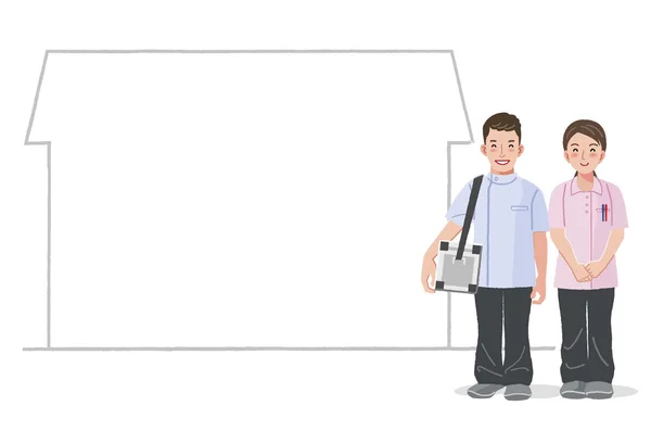 Häusliche medizinische Versorgung - Arzt und Krankenschwester mit Haussilhouette im Hintergrund. — Stockillustration Hausärztliches Versorgungskonzept — Stockvektor