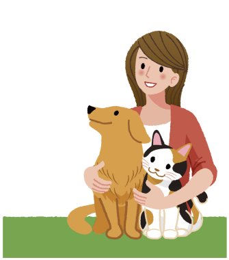 A woman looking up with furry friends clipart