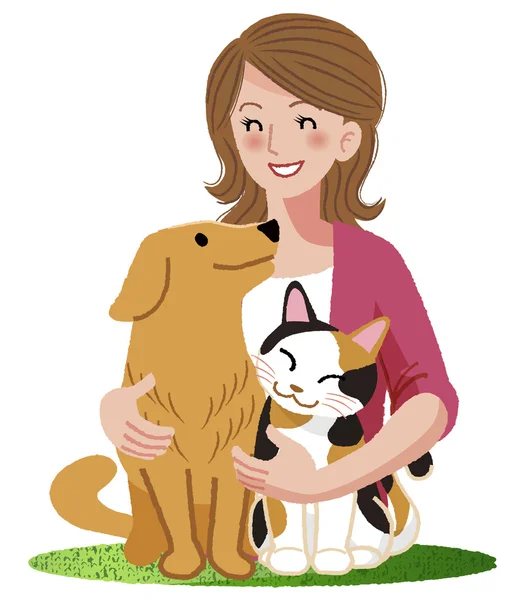 A woman smiling with furry friends — Stock Vector